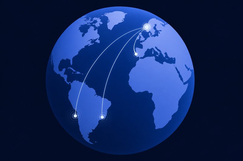 Ilustración de un globo terráqueo con tres puntos en Madrid, Buenos Aires y Santiago de Chile unidos por arcos a un cuarto punto en la costa oeste de Noruega